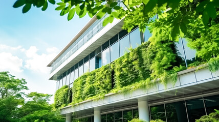 Office building with green environment. Sustainable glass office building with tree for reducing carbon dioxide. Corporate building reduce CO2.