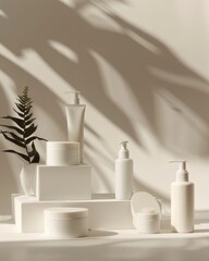 A serene and clean presentation of skincare products on geometric pedestals with plant and shadow play
