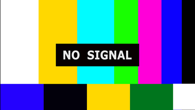 Colorful TV test pattern with NO SIGNAL message on a tv background.