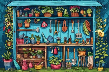 Cartoon cute doodles of a garden shed filled with tools and supplies for gardening, Generative AI
