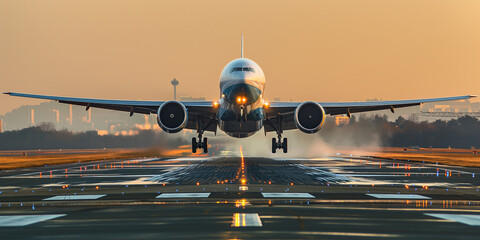 Plane landing at sunset.
