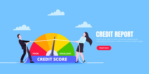 Man and woman push credit score arrow gauge speedometer indicator with color levels. Measurement from poor to excellent rating for credit or mortgage loans concept flat style vector illustration.