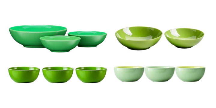 Collection of green bowl isolated on a white background as transparent PNG