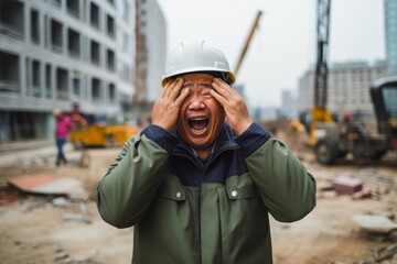 
An Asian man in his mid-50s, grimacing and covering his face, standing near a construction site - obrazy, fototapety, plakaty