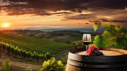 Fotobehang Red wine with barrel on vineyard in green Tuscany illustration © crazyass