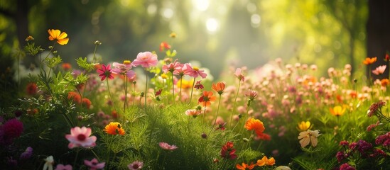 Fototapeta premium Radiant Flowers Basking in the Sunlight in a Lush Garden Setting