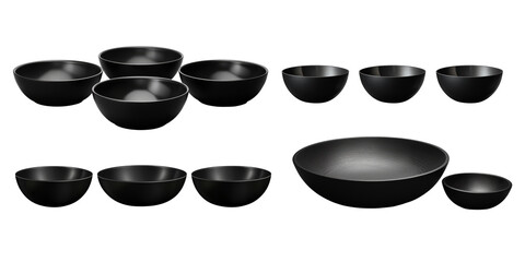 Collection of black bowl isolated on a white background as transparent PNG