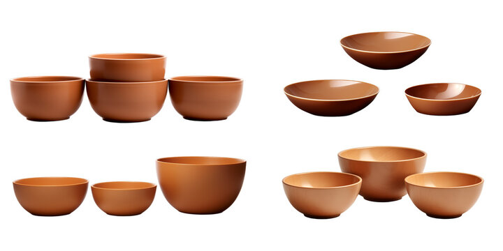 Collection of brown bowl isolated on a white background as transparent PNG