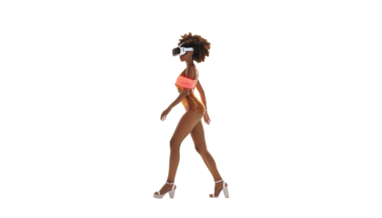 woman walking with virtual reality glasses, isolated on white