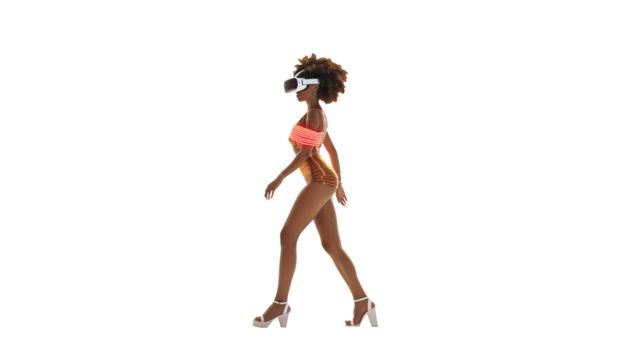 woman walking with virtual reality glasses, isolated on white