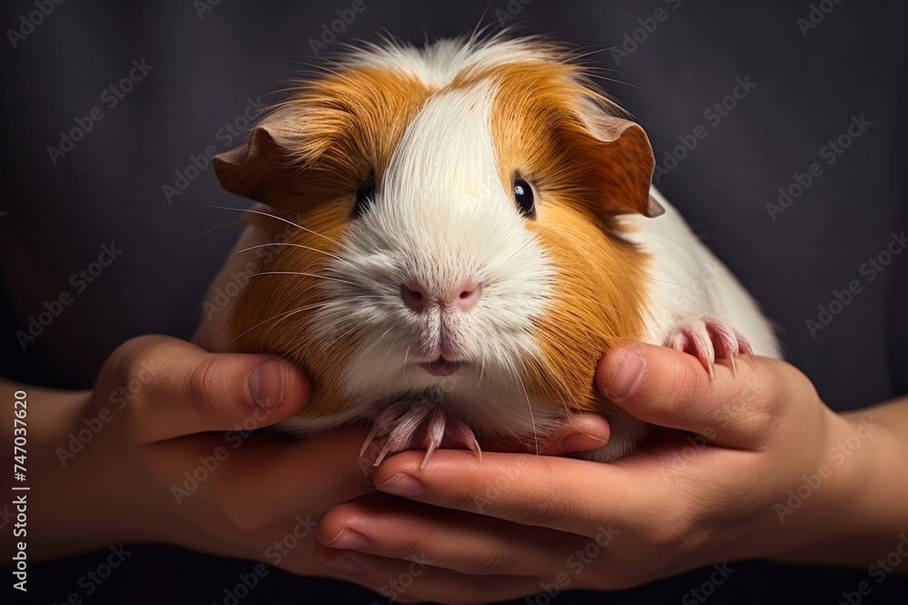 Wall mural 
Close bond hands holding a guinea pig express love and nurturing