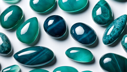 3D blue jade pebbles closeup shot. Captivating the enchanting energy aura of natural crystal gemstones