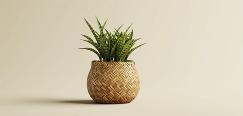 Woven plant pot mockup with a textured design, perfect for corporate branding and handcrafted-themed messages