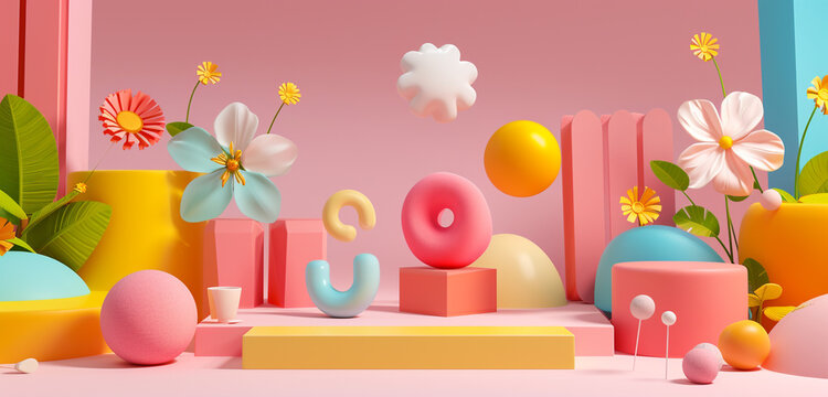 Whimsical 3D product mockup with a playful design, providing a fun backdrop for corporate logos and joy-themed messages