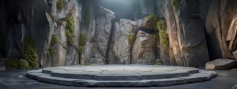 
Rock sat on top of a mountain with some black and yellow lightning coming out of it ocky landscape in an animated render, in the style of dark gray and dark gold, anamorphic art Generated image
