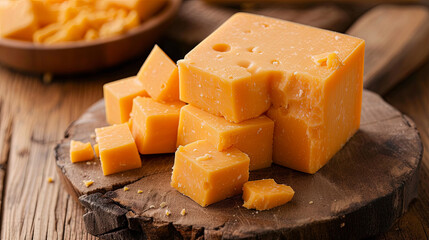 Cheddar cheese is a naturally occurring cheese with a firm texture, typically off-white (or orange if colorings like annatto are included), and occasionally possesses a sharp flavor. - obrazy, fototapety, plakaty