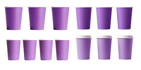 Collection of purple paper cup isolated on a white background as transparent PNG
