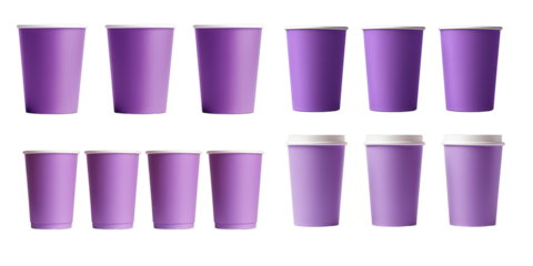 Collection of purple paper cup isolated on a white background as transparent PNG