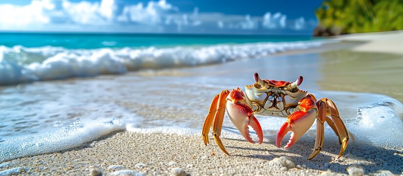 Majestic crab walking on the sandy beach under the sunlight