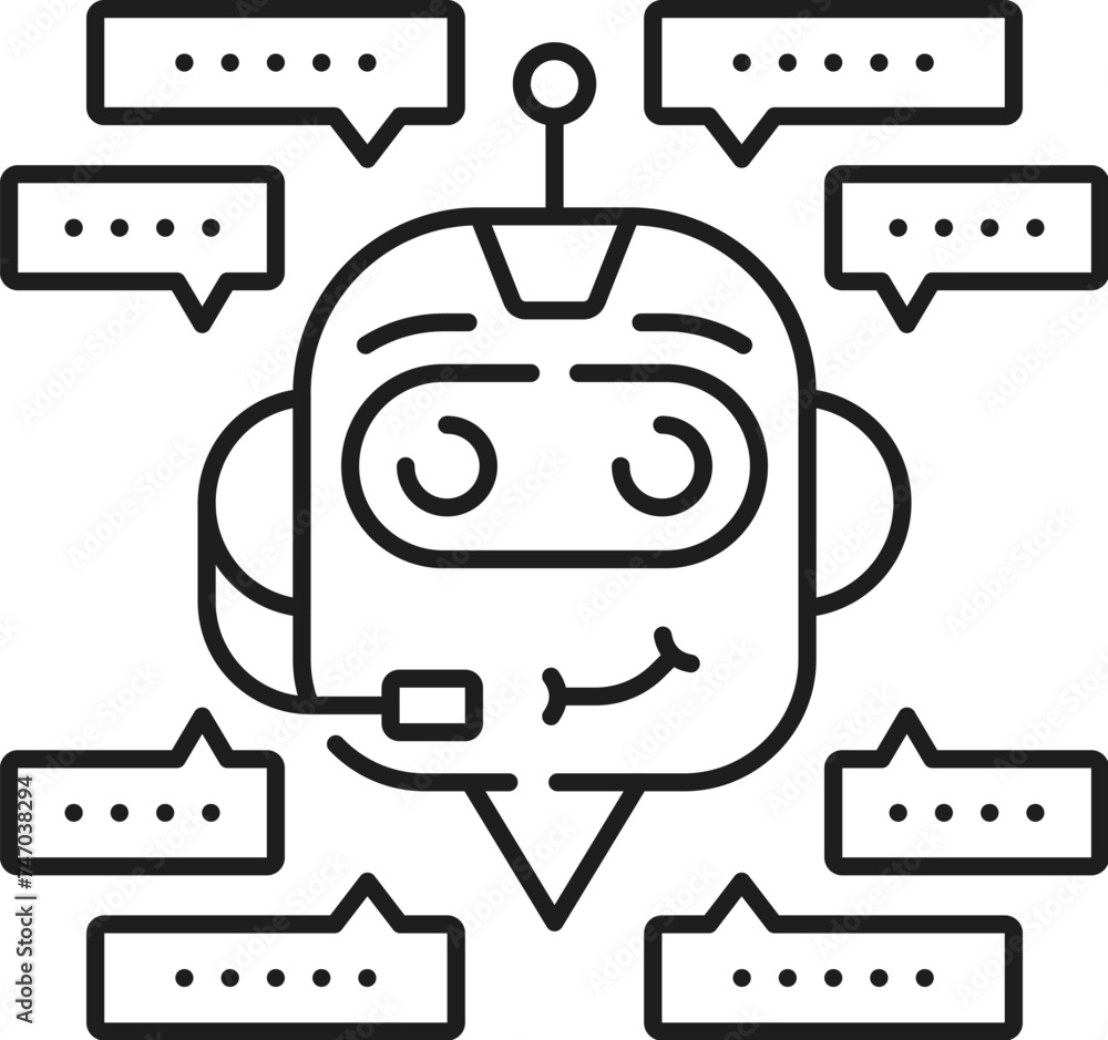Poster Chatbot outline icon features speech bubbles around of robot head, symbolizing automated communication, machine learning, ai artificial intelligence algorithm. Vector linear smart bot service symbol
