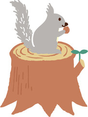 丸太の上でくるみをかじるリス　カットイラスト