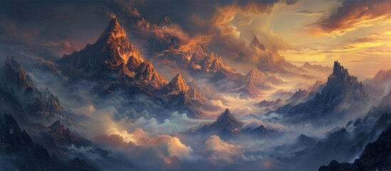 Sunset over majestic mountains with dramatic clouds in the sky
