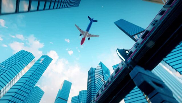 Connecticut Road Sign, Modern City and Airplane Landing, Animation. Full HD 1920×1080. 08 Second Long