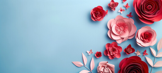 red rose petals on light blue background - 747038676