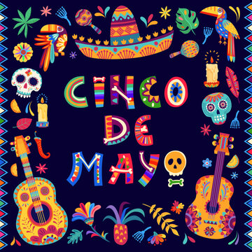 Cinco de mayo mexican holiday banner with calavera sugar skulls, toucan and sombrero hat, tropical flowers and guitar. Colorful cartoon vector greeting card for traditional celebratory event of Mexico