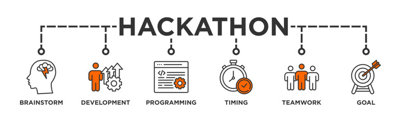 Hackathon banner web icon illustration concept for design sprint-like social coding event with icon of brainstorm, development, programming, timing, speed, teamwork, and goal