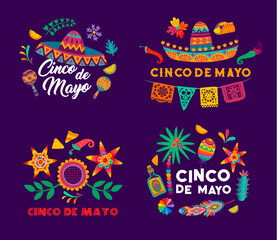Cinco de Mayo mexican holiday. Hispanic culture celebration flyers, Mexican holiday party invitation vector banner. Cinco de Mayo carnival background with sombrero hat, picado garland and tequila