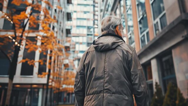 Senior man walking in the city, rear view. Stylish gray-haired man in a jacket and sunglasses.