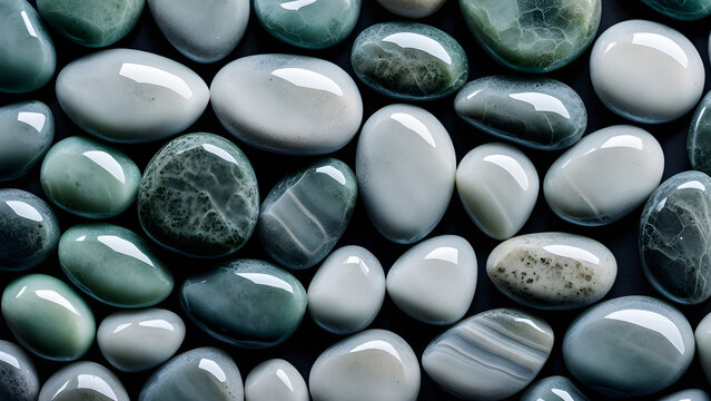 3D gray jade pebbles closeup image. Nature's energy aura radiating from exquisite crystal gemstones