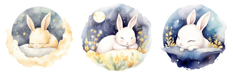 Cute small bunny hare sleeping on the moon watercolor illustration, children's room, fashion design, paint, background, art, wallpaper, print, poster, wall, painting, interior, generative AI