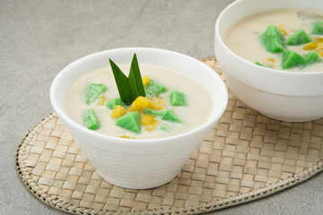 Es Bongko, traditional food made from hunkwe flour, pandan leaves, coconut milk. Indonesian food
