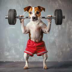 cute funny dog in red sport shorts lifting weights - 747039494