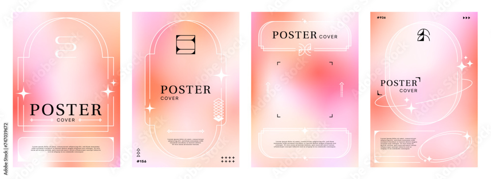 Poster Pastel gradient y2k poster background with abstract frame and shapes. Aesthetic modern vector templates with soft, pink fluid colors. Minimal style designs with geometric figures, lines and elements