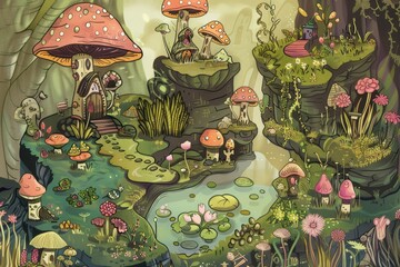 Cartoon cute doodles of a fairy garden inhabited by tiny magical creatures and miniature plants, Generative AI