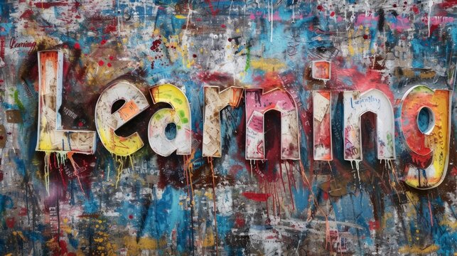 Fresco Education concept creative horizontal art poster. Photorealistic textured word Learning on artistic background. Ai Generated Knowledge and Tutoring Horizontal Illustration.