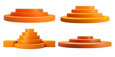 Collection of empty orange color podium isolated on a white background as transparent PNG