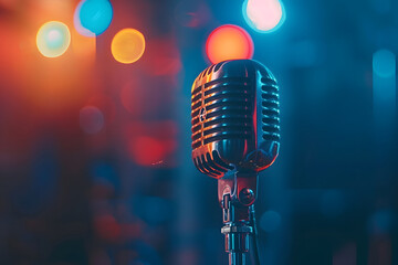 Microphone on stage close-up. Karaoke, night club, bar. Music concert. Microphone over colorful...