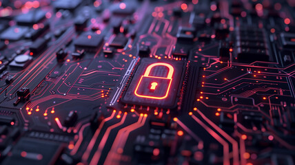 Lock icon on a futuristic neuro plastic circuit board. Concept of data, cyber, digital, network and information security.