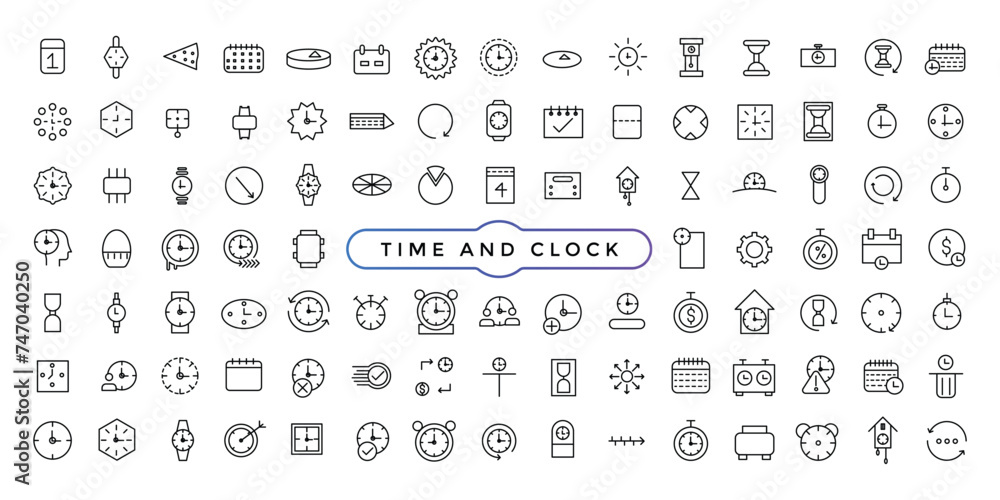 Poster time and clock linear icons set. date and time, timer, watch, speed, calendar, alarm clock editable 