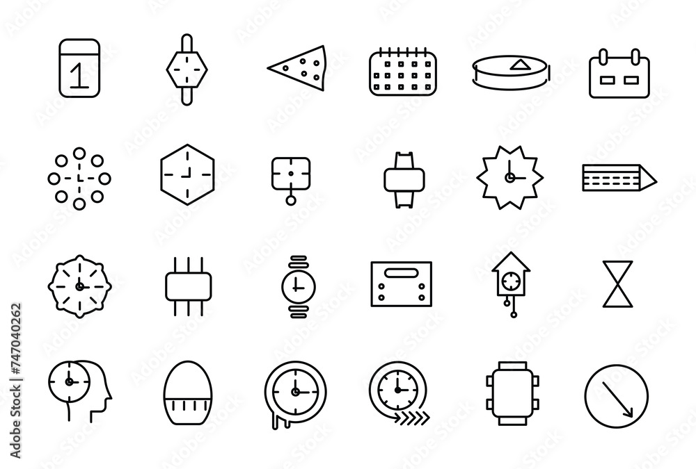 Poster time and clock linear icons set. date and time, timer, watch, speed, calendar, alarm clock editable 