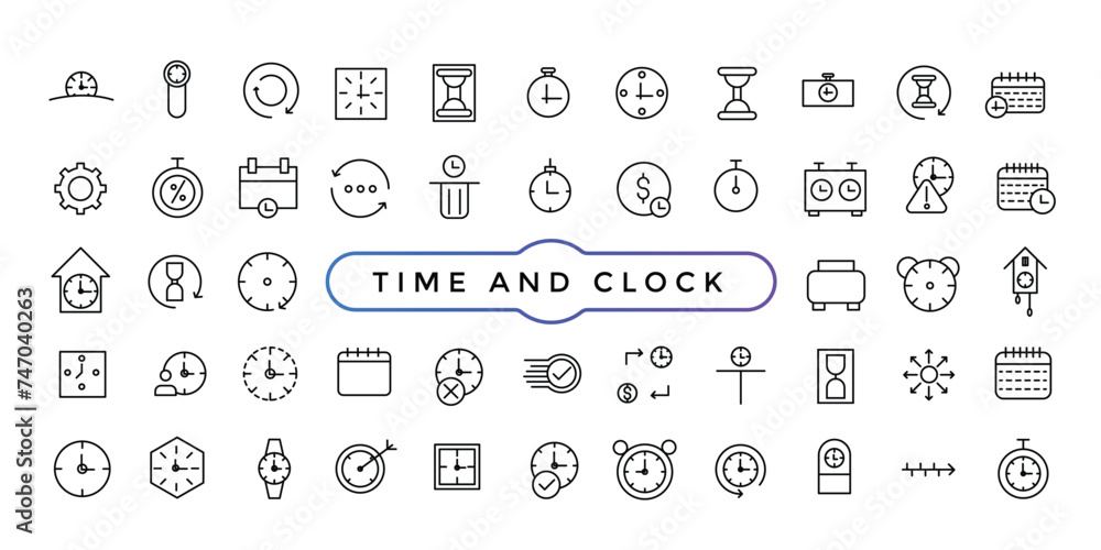 Poster time and clock linear icons set. date and time, timer, watch, speed, calendar, alarm clock editable 