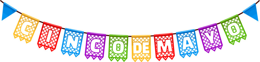 Mexican cinco de mayo holiday pennants. Isolated cartoon vector hanging papel picado flag garland, vibrant party decorations for celebration Hispanic heritage, symbolizing joy and cultural pride - obrazy, fototapety, plakaty