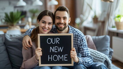 Young married couple, man and woman, husband and wife sitting on a gray sofa or couch in a living room interior, holding a sign with text saying our new home, looking at the camera and smiling