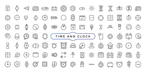 Time and Clock linear icons set. Date and Time, Timer, watch, speed, calendar, alarm clock Editable stroke.