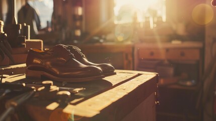 A pair of polished leather shoes on a craftsman's bench, bathed in cozy, golden sunlight. - obrazy, fototapety, plakaty
