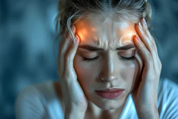 Fotobehang Close up of a woman migraine symptoms and facial emotion. Migraine is a type of headache characterized by recurrent attacks of moderate to severe throbbing and pulsating pain on one side of the head. © nuengneng
